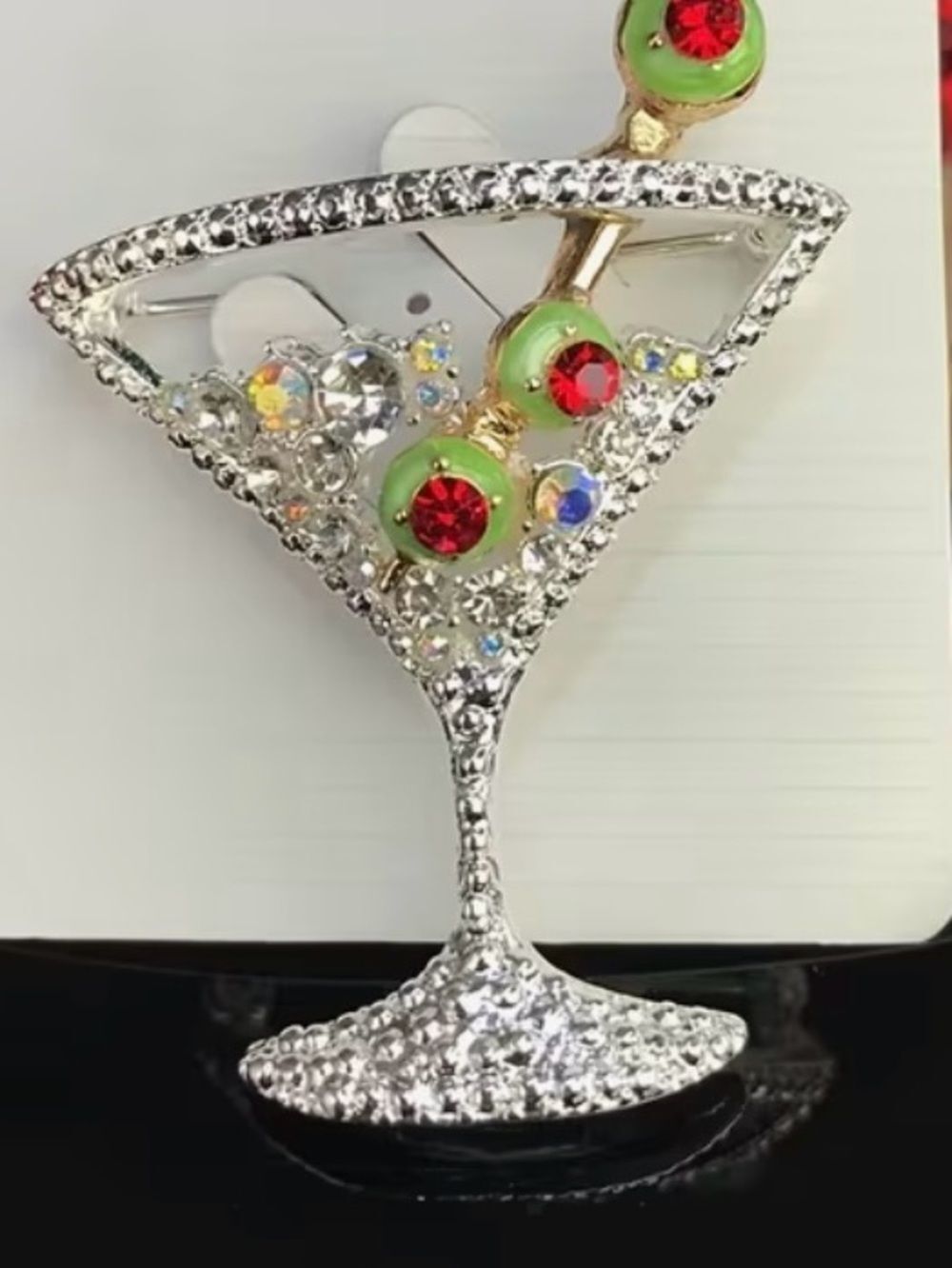 🫒 NEW Unique Rhinestone Martini Glass Brooch with Green Olive Accents 🫒